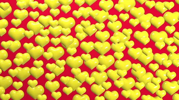 3D画像 心を込めて祭りの赤い背景 赤い背景に黄色の心の多く バレンタインデーのグリーティングカード 3Dレンダリング 3Dイラスト — ストック写真