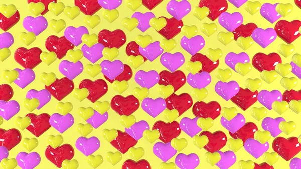 3D画像 カラフルな心を持つお祭りの黄色の背景 ピンクの心の多く バレンタインデーのグリーティングカード 3Dレンダリング 3Dイラスト — ストック写真