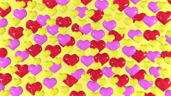 Imagen Fondo Amarillo Festivo Con Corazones Coloridos Muchos Corazones Rojos — Foto de Stock