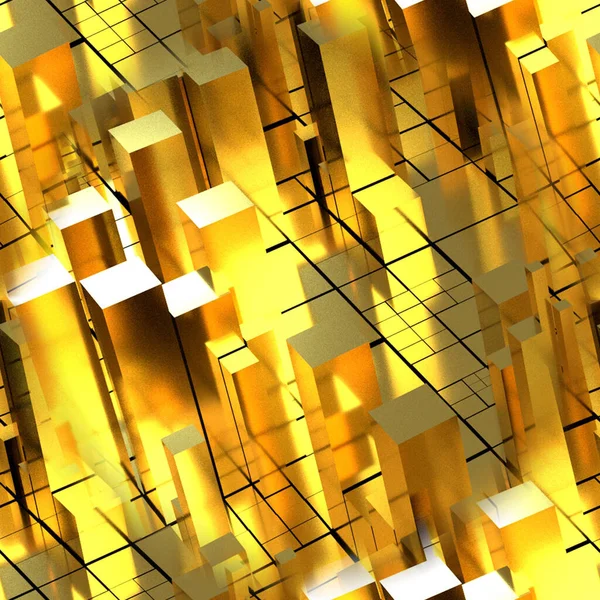 Gökdelenleri olan fütürist bir şehrin kusursuz altın dokusu. Üç boyutlu illüstrasyon. Dikdörtgen elementlerle altın arkaplan. 3B resim.