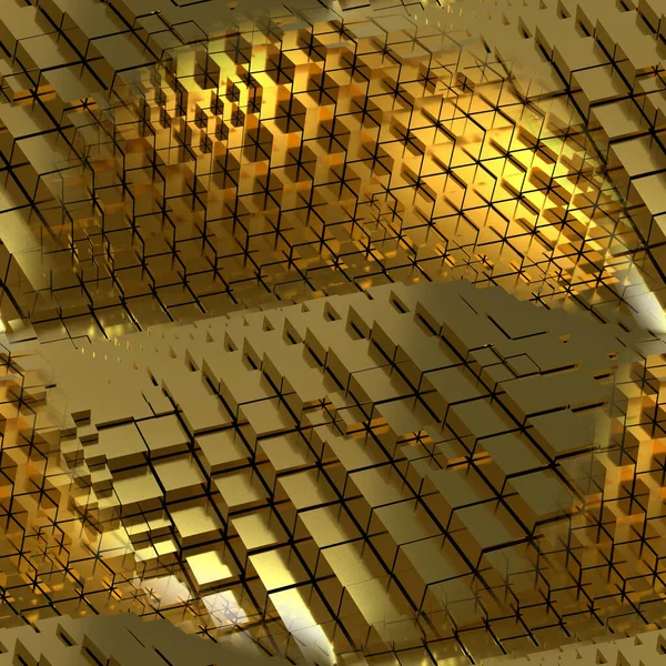 Dalgalı küpleri olan kusursuz altın dokular. Kare elementleri olan fütürist altın arka plan. 3B resim.
