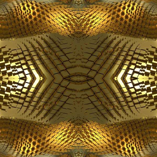 波状の立方体のクローズアップとシームレスに鏡のような黄金のテクスチャ 正方形の要素を持つ未来的な黄金の背景 3D画像 — ストック写真