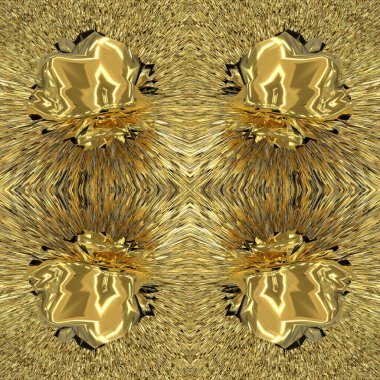 Şekilsiz elementin merkezinden hızlı sıvı altın akışı. Kusursuz sarı aynalı arka plan ve desenli yüzey. 3 boyutlu görüntü. Güzel bir soyutlama..