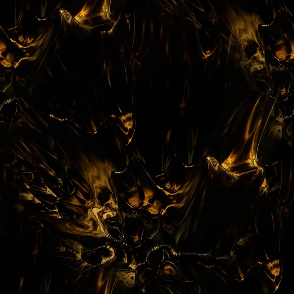 Üzerinde sıvı altın lekeleri olan koyu altın soyutlama. Koyu sarı, pürüzsüz arka plan. Altın patlamanın 3 boyutlu görüntüsü.