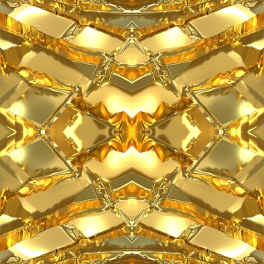 Pürüzsüz yüzeyi olan altın bir tuğla dokusu. Altın pürüzsüz ayna arka planı. Düz olmayan dikişli tuğla yüzeyi. 3B resim.