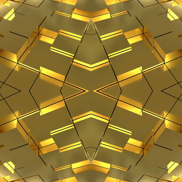 異なるサイズのミラーキューブと黄金のシームレスなテクスチャ ランダムに配置された幾何学的形状は美しい黄金の背景を形成する 金の太陽のぎらつき — ストック写真