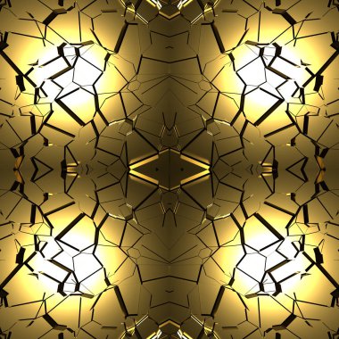 Kusursuz ayna dokusu, altın elementler ve güneş yansıması. Kırık altınla sarı arka plan. 3 boyutlu görüntü. Çatlak metal yüzey.