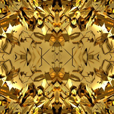 Kusursuz ayna dokusu, altın elementler ve güneş yansıması. Kırık altınla sarı arka plan. 3 boyutlu görüntü. Kırık metal yüzey.