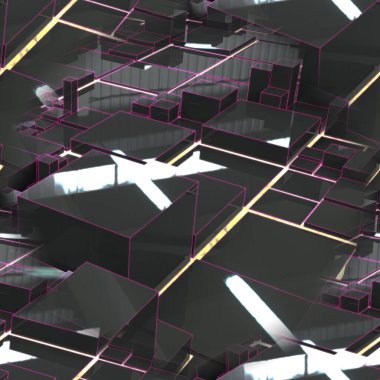 Gri dikdörtgen elementleri ve mor parıltısıyla kusursuz, güzel bir soyutlama. Parlak güneşi ve mor ışıklandırması olan fütürist bir şehir. 3B resim.