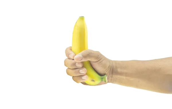 Mano Tenendo Banana Matura Isolato Sfondo Bianco — Foto Stock