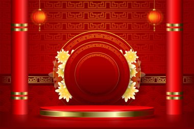 Kırmızı Çin Yeni Yıl arkaplanı Altın fenerler ve yaylı