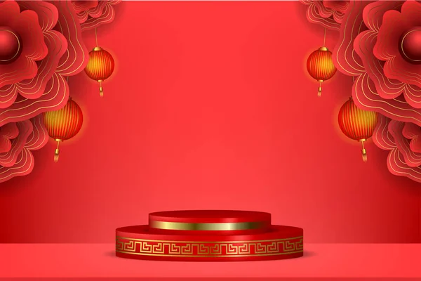 Nouvel Chinois Fond Avec Des Lanternes Dorées Ruban Rouge — Image vectorielle