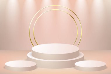 Altın yüzüklü 3d podyum sahnesi ve spot lambalı illüstrasyon