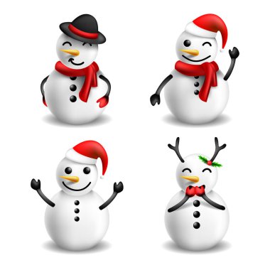 Kış Noel Kardan Adam koleksiyonu. 3d Vektör illüstrasyonu.