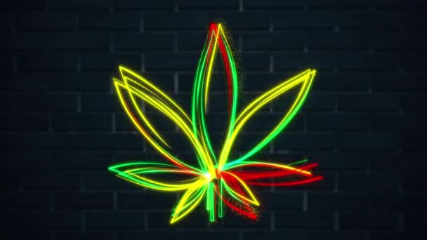 Glowing Neon Light Cannabis Leaf Animation Green Red Yellow Rastafarian — Vídeos de Stock