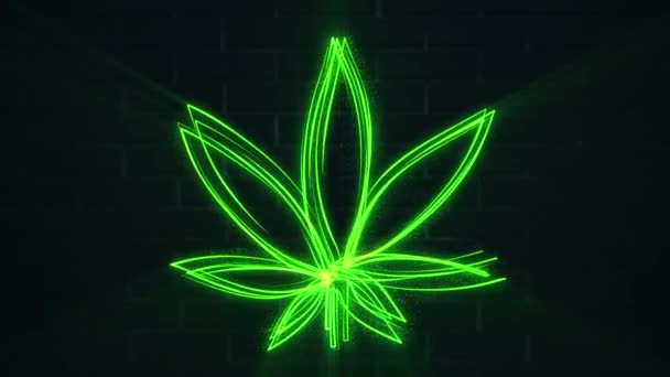 Glowing Green Neon Light Cannabis Leaf Background Animation Flowing Particles — Wideo stockowe