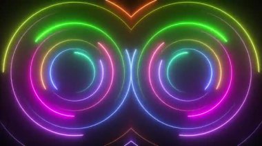 Parlayan parlak neon disko daireleri geriye dönük. Renkli dönen konsantre neon daireler. Tam HD hareket arkaplan canlandırması.