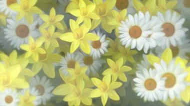 Güzel bahar dönemi çiçekli arka plan animasyonu. Nazikçe hareket eden nergis ve papatya çiçekleri yağlı boya resim tarzında çiçek açıyor..