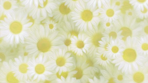 美しい春の大自然の動き背景アニメーションを油彩画のスタイルで優しく満開の白と黄色のデイジーの花を移動 — ストック動画
