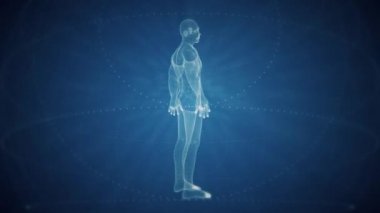 Yalnız 3D dijital holografik insan soyut mavi sanal gerçeklikte çizilmiş geometrik dairelerle dönüyor. Tam HD ve döngüleme HUD stili teknoloji konsept hareket arkaplanı.