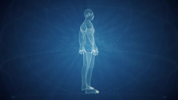 Eenzame Digitale Holografische Mens Draaiend Abstracte Blauwe Cyberspace Virtual Reality — Stockvideo