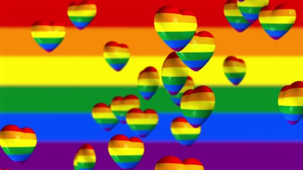Lgbtq Pride Flag Hintergrund Mit Schwebenden Regenbogenfarbenen Herzförmigen Luftballons Full — Stockvideo