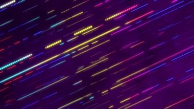Parlak neon çizgiler ve kesik çizgiler ve noktalar, mor bir arkaplan üzerinde, çerçeve boyunca yavaşça hareket ediyorlar. Tam HD, soyut hareket arkaplan canlandırması.