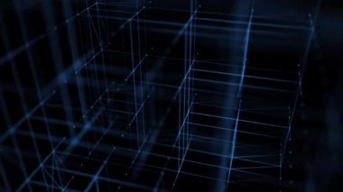 Parlayan pleksus çizgileri ve noktalardan oluşan dönen mavi küp ızgarası. Bu modern geometrik teknoloji arka planı tam bir HD ve kusursuz bir döngüdür..