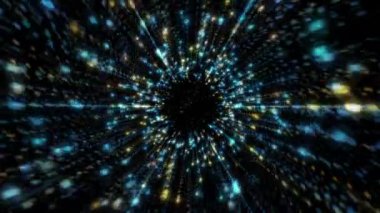 Uzayda parlayan yıldızların arka planı. Mavi ve altın renkli bir galaksi boyunca hiperuzay warp hızında uçan yıldızlar ve parçacıklar. Döngü, HD hareket arkaplan canlandırması.