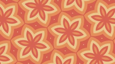 Süslü retro kaleydoskopik desenli çiçek desenli arka plan animasyonu turuncu ve sarı çiçek yaprakları yayıyor. Tam HD ve döngü.