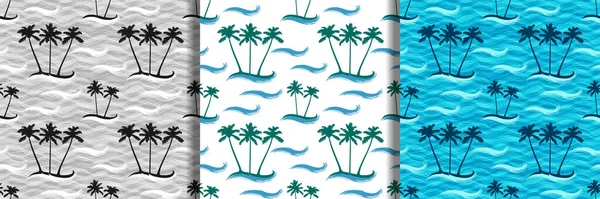 Tropical Island bezešvé vzory set s dlaněmi — Stockový vektor