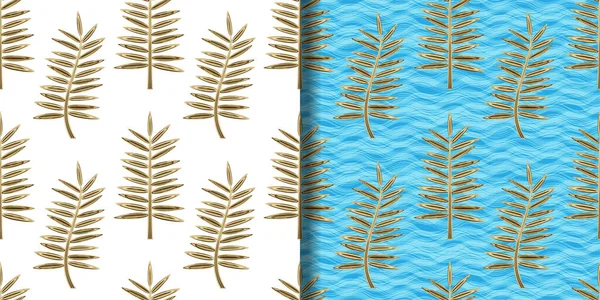 Golden Palm Leaves Seamless Patterns set — Stock Vector