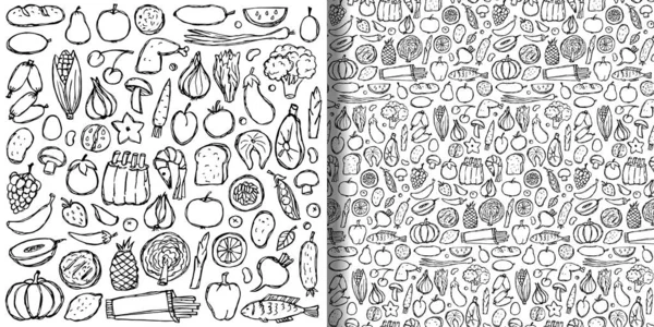 Doodle χειροποίητα σετ τροφίμων και αδιάλειπτη μοτίβο — Διανυσματικό Αρχείο