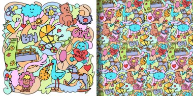 Doodle Bebek renksiz iz iz ve desen