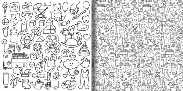 Conjunto de objetos dibujados a mano bebé y patrón sin costuras — Vector de stock