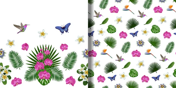 Tropisk sömlös bård och mönster set med blommor och blad — Stock vektor
