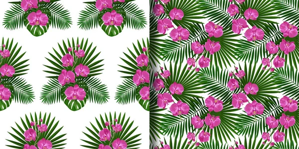Tropiska sömlösa mönster med orkidé och palmblad — Stock vektor