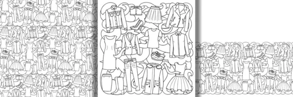 Conjunto de roupas de mulher e padrão sem costura e conjunto de borda — Vetor de Stock