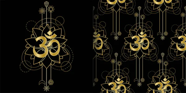 Impresión geométrica Om y Lotus y conjunto de patrones sin costura — Archivo Imágenes Vectoriales