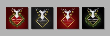 Mutlu Noeller ve yeni yıl şablonları geyik başlı çokgen vektör modeliyle ayarlandı. Modern minimalist modeller tebrik kartı, parti davetiyesi, hayvan tarzı orman otelleri için..