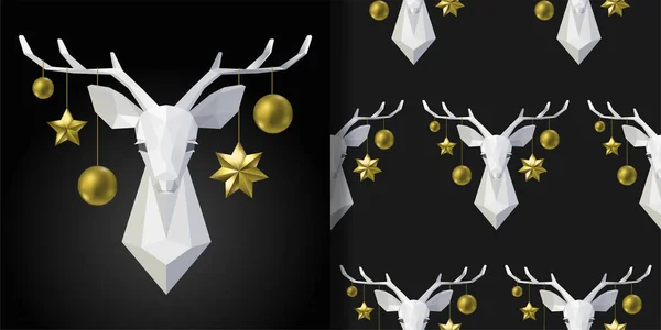Winter Holiday Print Seamless Pattern Set Polygonal Deer Head Low — Wektor stockowy