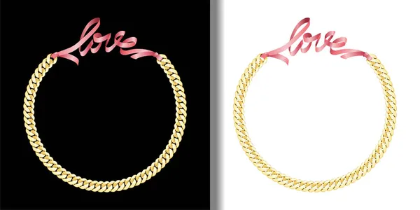 Empreintes de mode Love avec chaîne en or et ruban rose — Image vectorielle