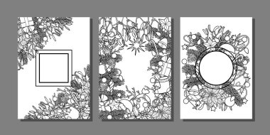 Kuş şablonlu kış bitkileri. Nature A4 tebrik kartları, renklendirme sayfası ve metin yeri ile kapaklar için maket.