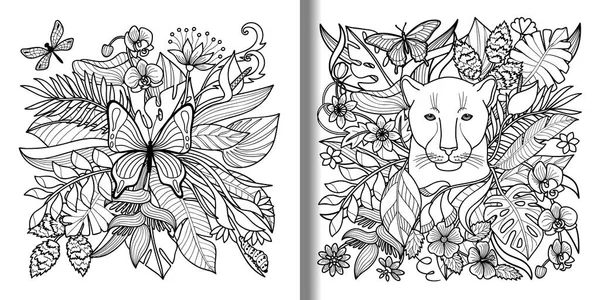 Jungle Patern Panther Butterfly Flowers Leaves Outline Coloring Page Textile — 스톡 벡터