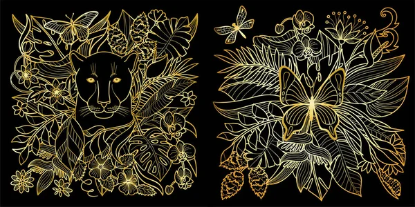 Jungle Patern Panther Butterfly Flowers Leaves Outline Coloring Page Textile — Stock vektor
