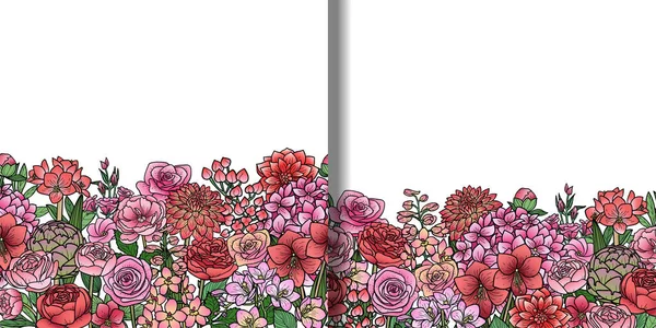 花园花朵和叶子无缝边界设置 纺织品印花 文字模板用花卉浪漫墙纸 — 图库矢量图片