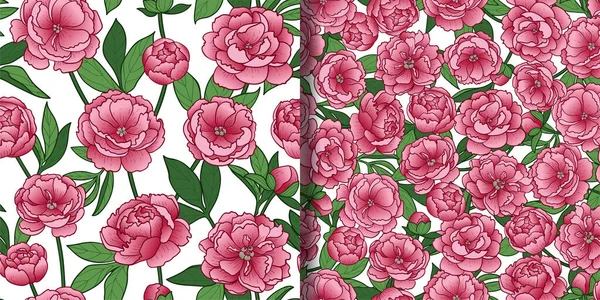 Peony Flowers Leaves Seamless Patterns Set Floral Romantic Repeat Wallpapers — стоковый вектор