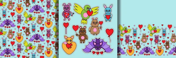 动物贴纸 印有心脏 图案无缝 边界分明 儿童玩具 带有爱的标志 用于墙纸 纺织品和T恤衫印花 — 图库矢量图片