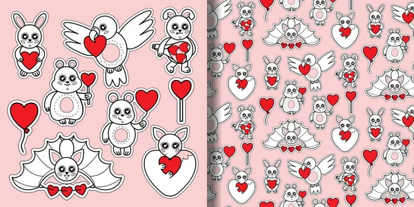 Animals Stickers Set Hearts Print Seamless Pattern Children Toys Set — Stockvektor