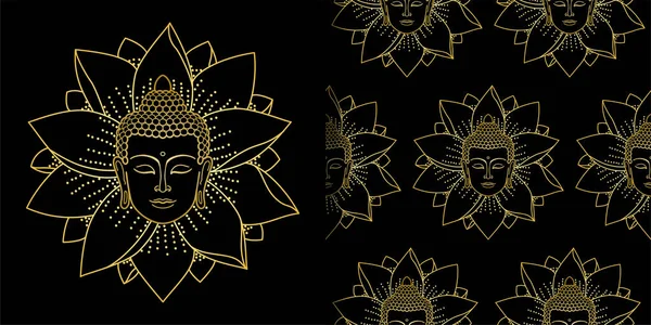 Arany Buddha Lotus Nyomtatás Zökkenőmentes Minta Készlet Vallási Textil Pólónyomatok — Stock Vector